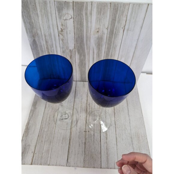 Vintage Set of 2 Hand Blown Cobalt Blue With Clear Stem Wine Glasses 10" - Picture 5 of 5